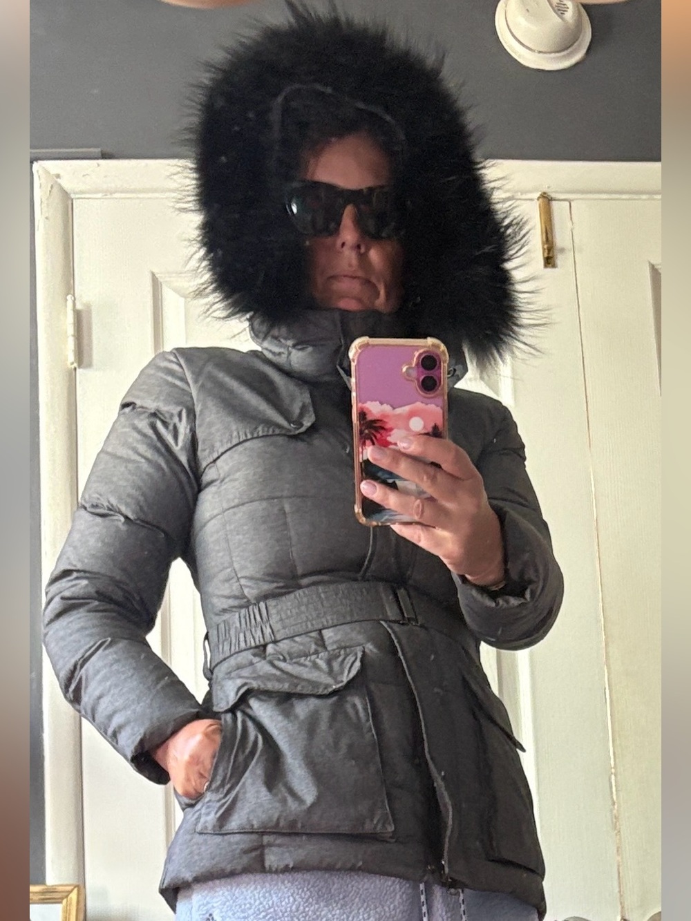 Add Women's Gray Goose Down Belted Puffer Coat